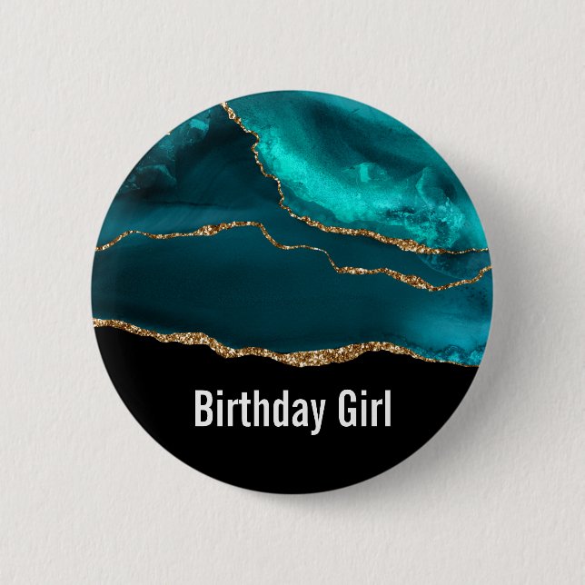 Modern Stylish Teal Agate & Gold Ribbon Birthday Button (Vorderseite)