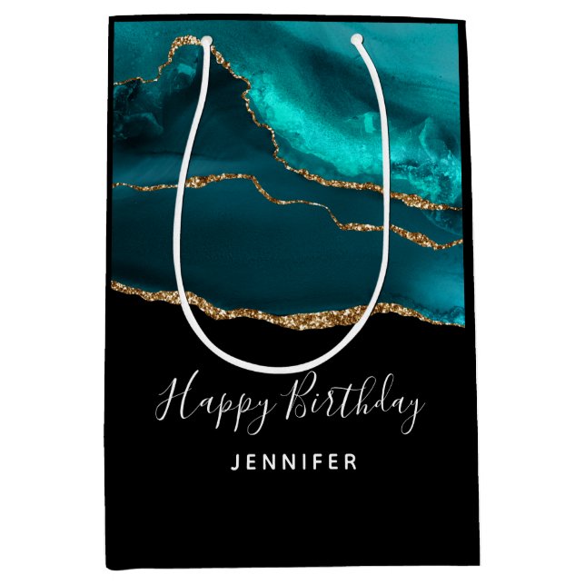 Modern Stylish Teal Agate & Gold Ribbon Birthday Mittlere Geschenktüte (Vorderseite)