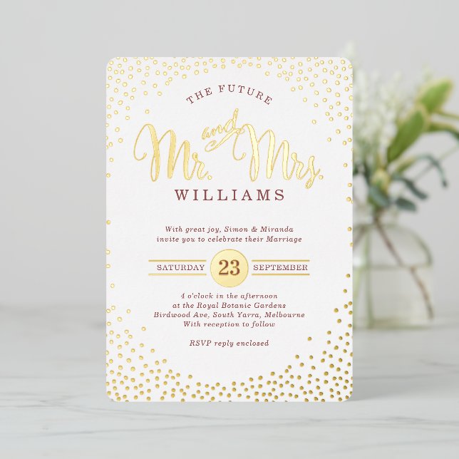 MODERN STYLISH WEDD Konfetti Marsala Gold Folieneinladung (Stehend vorne)