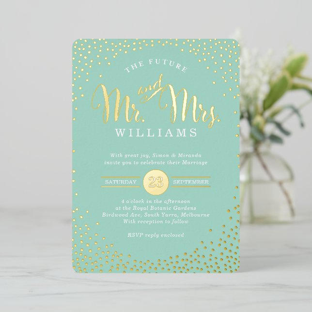 MODERN STYLISH WEDD Mini Konfetti Minze Gold Folieneinladung (Stehend vorne)