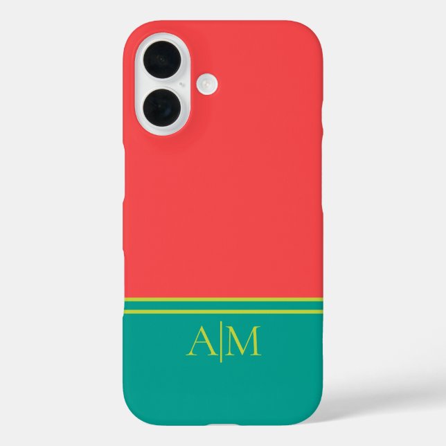 Modern Summer Coral Aquamarine Monogram iPhone 16 Hülle (Rückseite)