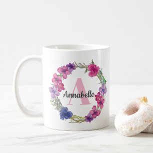 Modern Summer Pink Lila Blue Floral Monogram Kaffeetasse