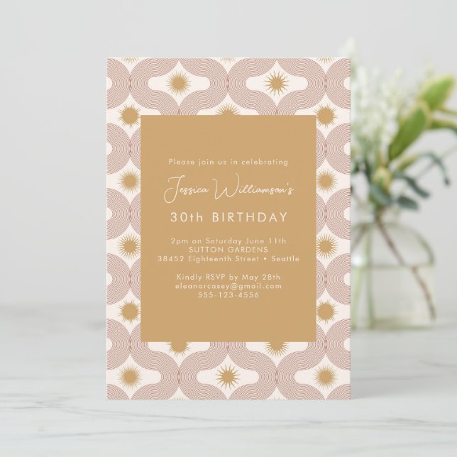 Modern Sun Moon Line Terracotta Gold 30th Birthday Einladung (Stehend Vorderseite)
