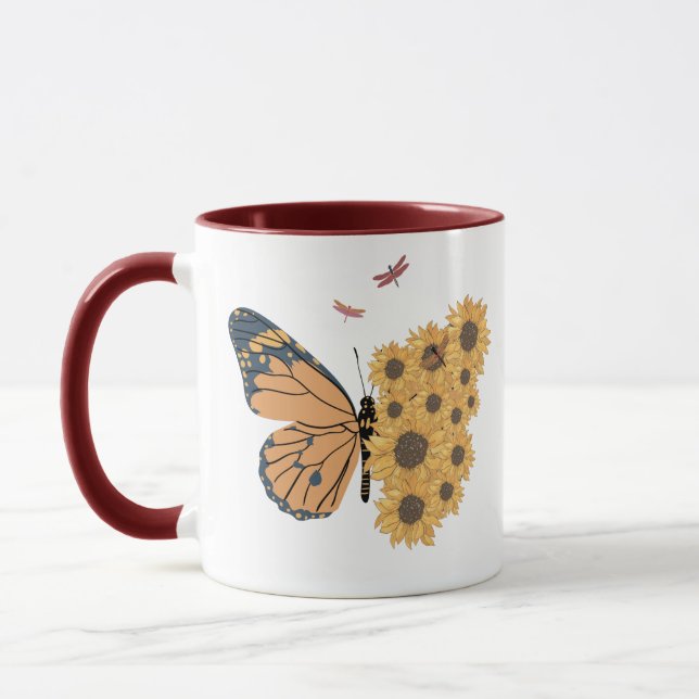 Modern Sunflower Collage Butterfly und Dragonfly Tasse (Links)