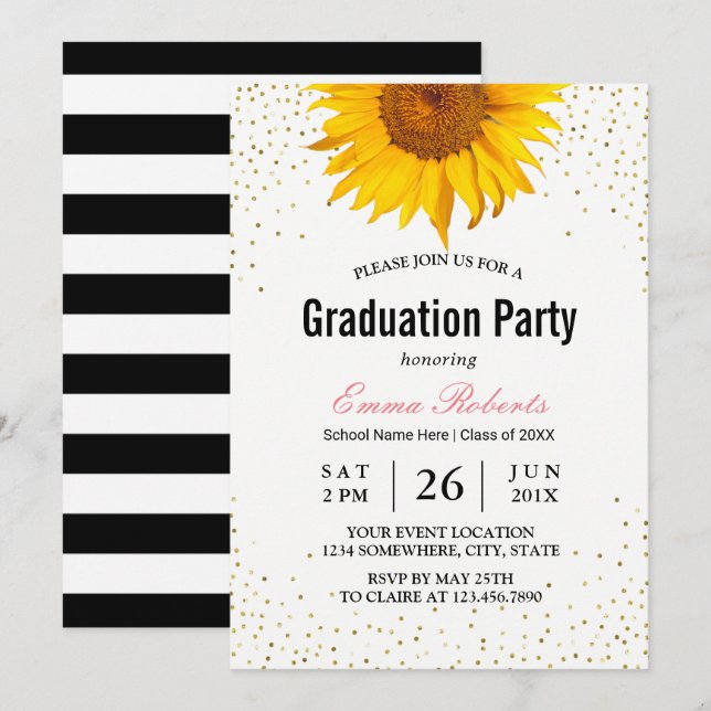 Modern Sunflower Gold Confetti Dots Abschluss Einladung (Vorne/Hinten)