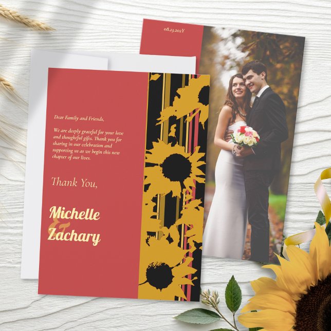 Modern Sunflower Sunset Coral Gold Wedding Dankeskarte (Von Creator hochgeladen)