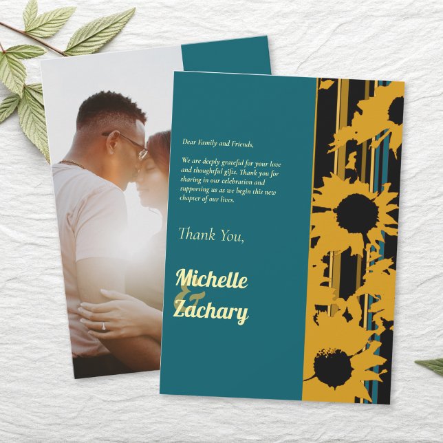 Modern Sunflower Teal Blue Gold Wedding Dankeskarte (Von Creator hochgeladen)