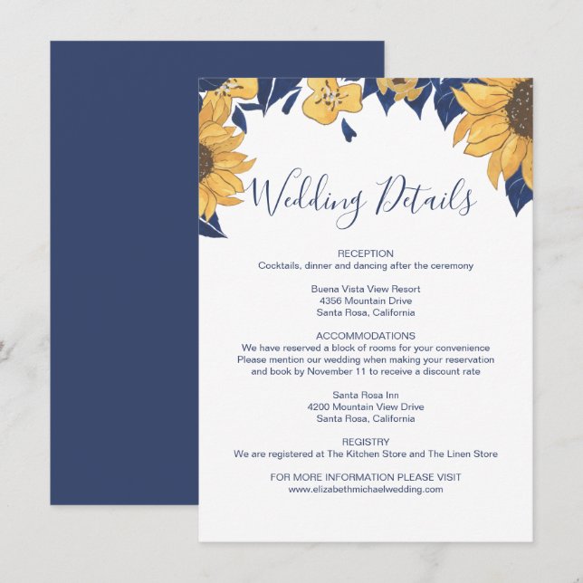 Modern Sunflower Watercolor Blue Wedding Details Begleitkarte (Vorne/Hinten)