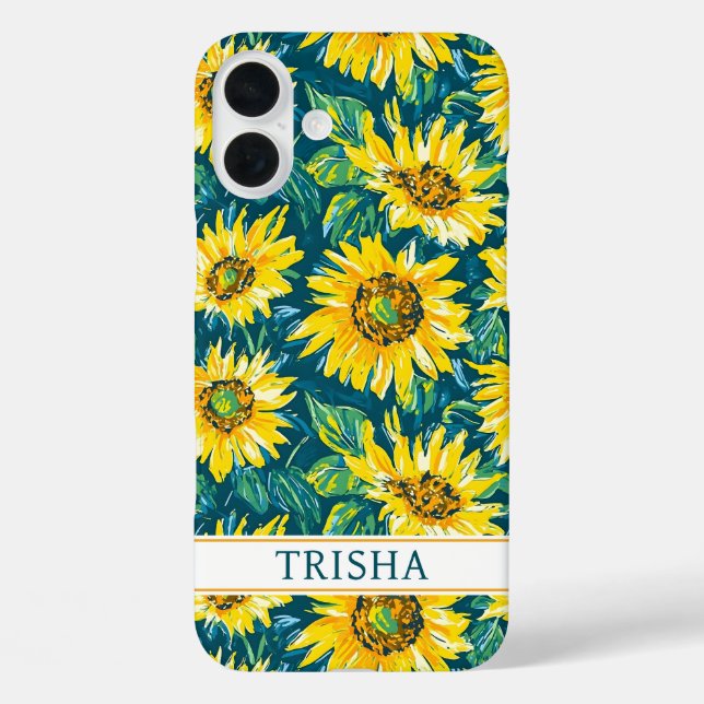 Modern Sunflowers Monogrammed iPhone 16 Plus Hülle (Rückseite)