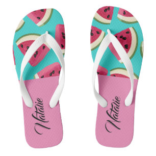 Modern süßes Monogramm l Wassermelone Sommer blau Flip Flops