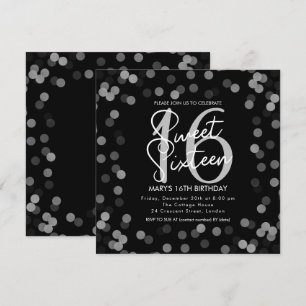 MODERN Sweet 16 Birthday Silver Chic Glitzer Black Einladung