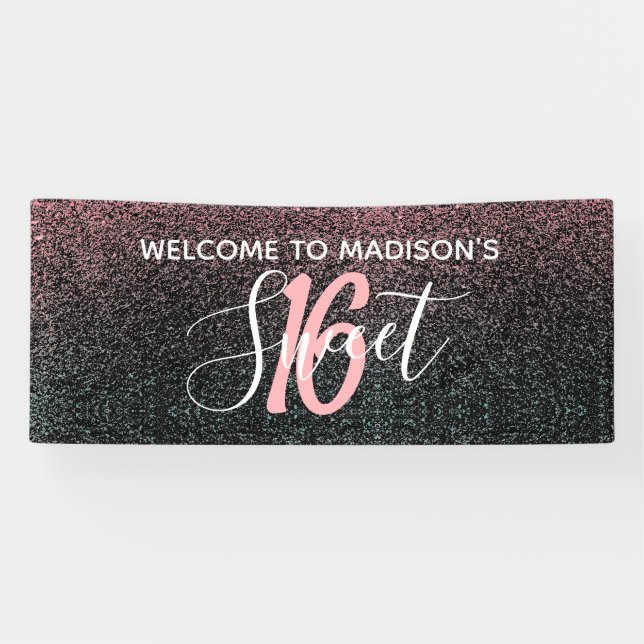 Modern Sweet 16 Black Blush Pink Glitzer Name Banner (Horizontal)