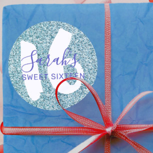 Modern Sweet 16 Blue Sparkling Glitzer Geburtstag Runder Aufkleber