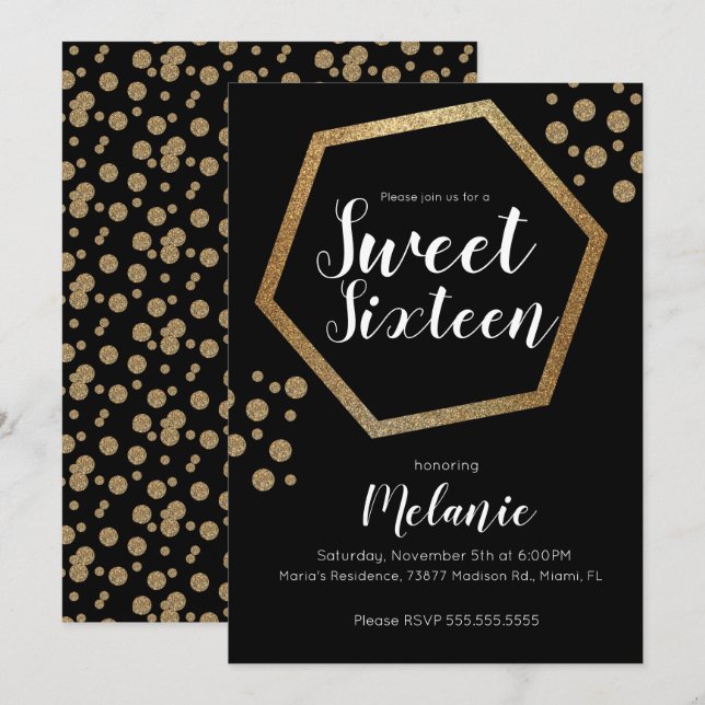 Modern Sweet 16 Glitzer Imitate Gold Geometric Bar Einladung (Vorne/Hinten)