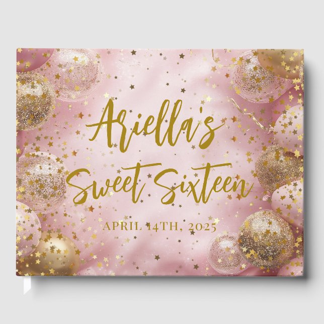 Modern sweet 16 pink gold balloons gästebuch (Vorderseite)