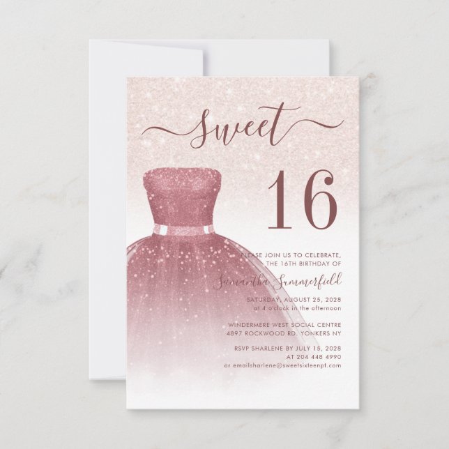 Modern Sweet 16 Rose Gold Glitzer Tropfen Script Einladung (Vorderseite)