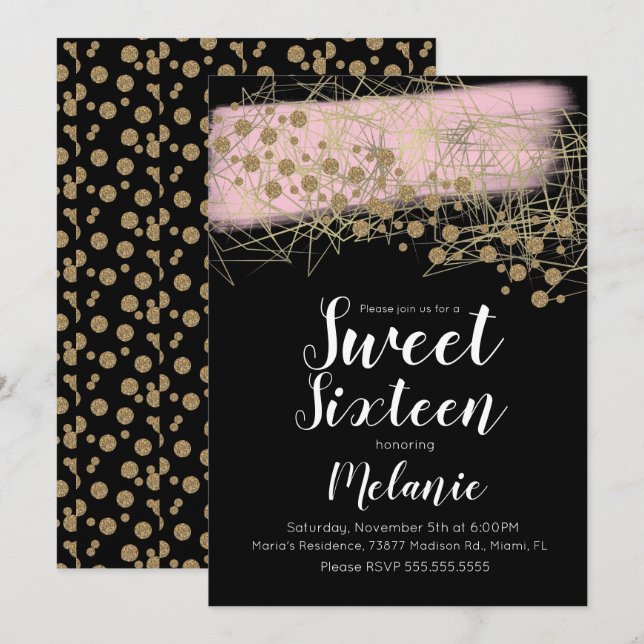 Modern Sweet 16 Rosita Gold Geometrie Schwarz Einladung (Vorne/Hinten)
