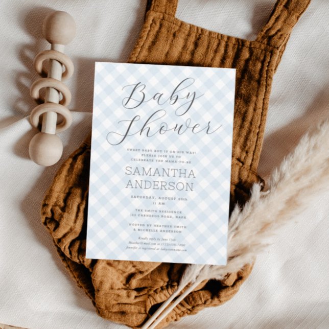 Modern + Sweet Blue Gingham Boy Baby Dusche Einladung (Modern + Sweet Blue Gingham Boy Baby Shower Invitation)