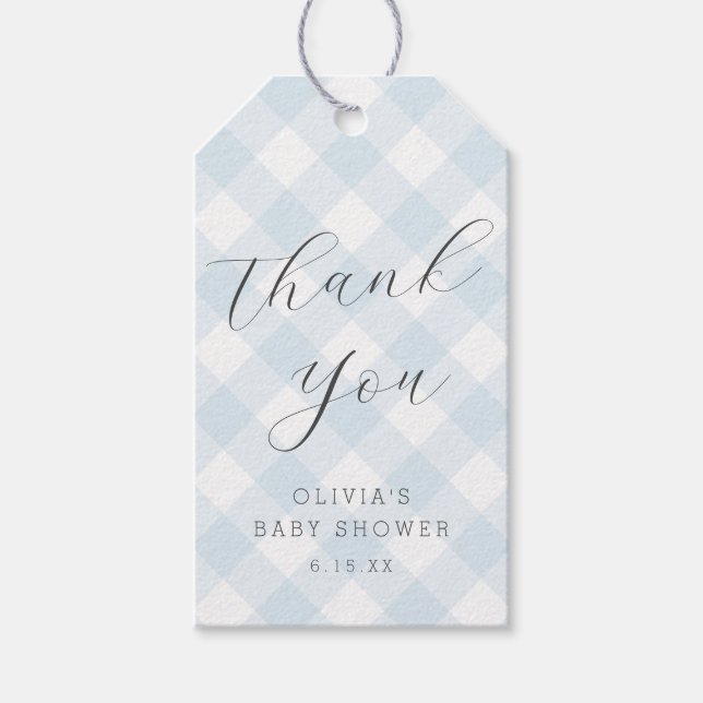 Modern + Sweet Hellblau Gingham Baby Dusche Geschenkanhänger (Vorderseite)