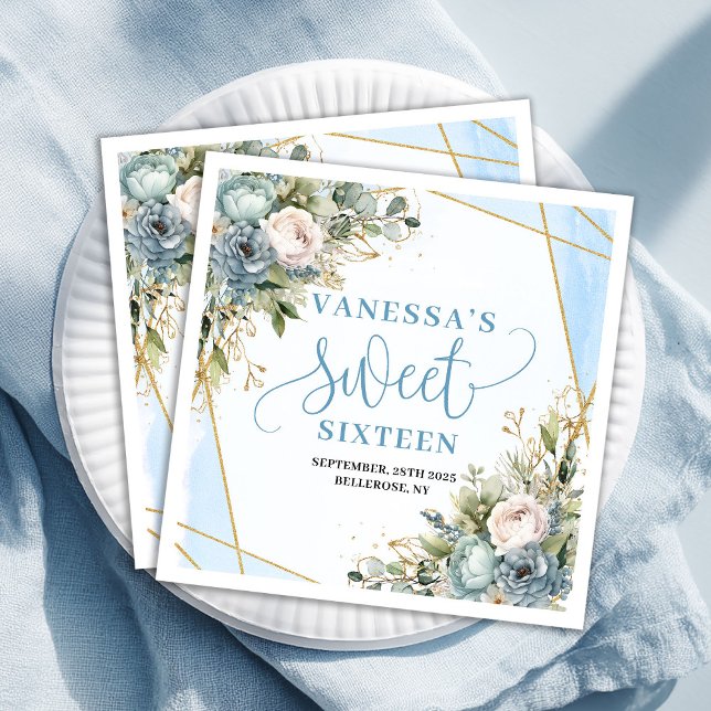 Modern Sweet Sixteen Blue Floral Gold Glitter  Serviette (Modern Sweet Sixteen Blue Floral Gold Glitter Paper Dinner Napkins)