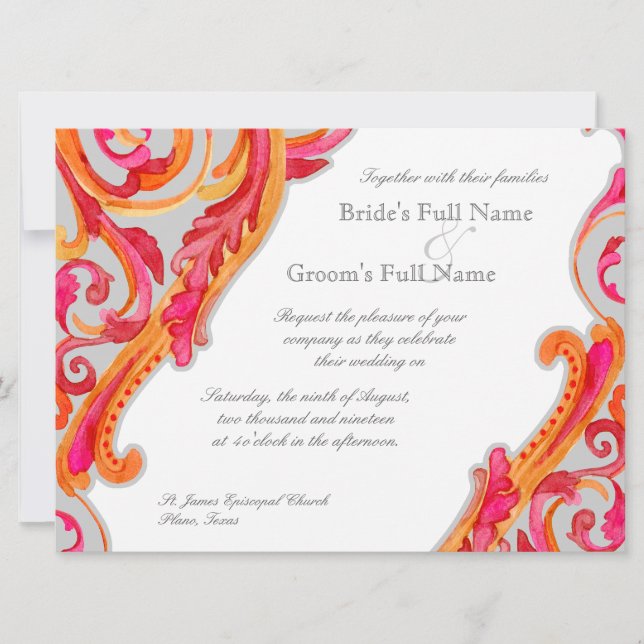 Modern Swirl Blühe Herzstück Mandarine Heiß Rosa Einladung (Vorderseite)