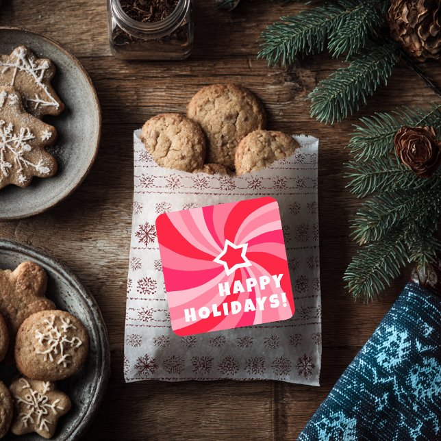 Modern Swirl HAPPY HOLIDAYS CUSTOM Red Pink Quadratischer Aufkleber (Modern Swirl HAPPY HOLIDAYS CUSTOM Red Pink Square Sticker
)