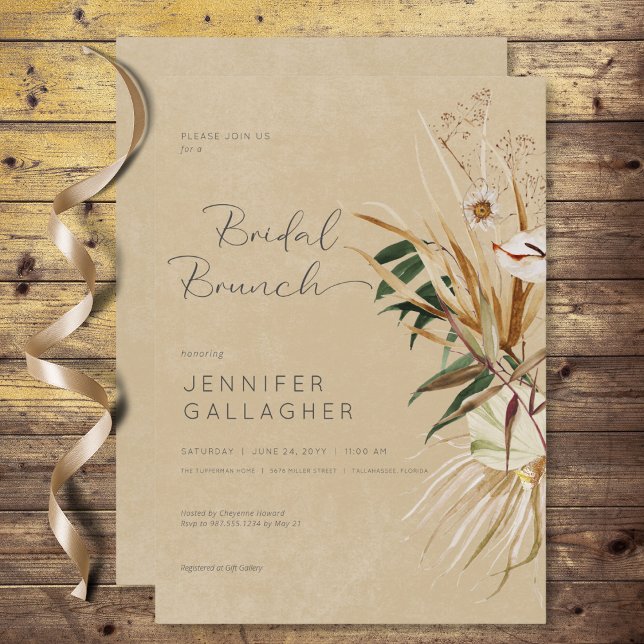 Modern Tan Boho Dried Floral Bouquet Bridal Brunch Einladung (Modern Tan Boho Dried Floral Bouquet Bridal Brunch Invitation)