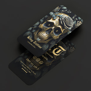 Modern Tattoo Artist Floral Skull Gold Gothic Visitenkarte