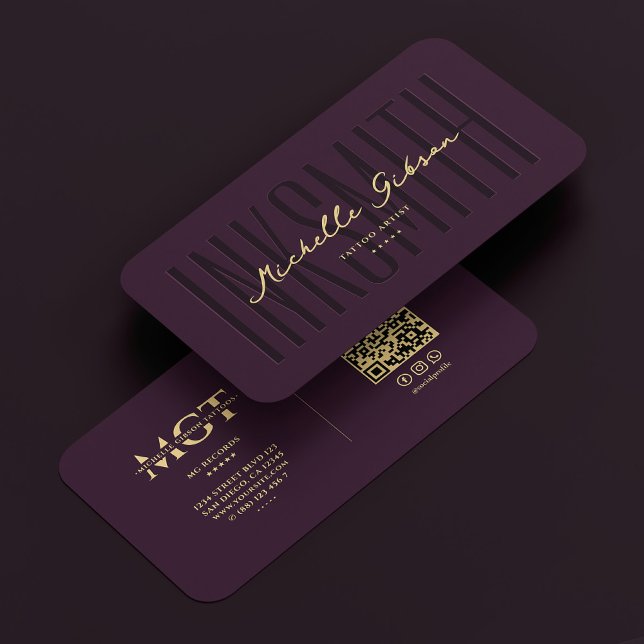 Modern Tattoo Artist Monogram Elegant Dark Lila Visitenkarte (Modern Tattoo Artist Monogram Elegant Dark Purple Business Card
)