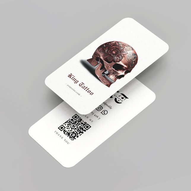 Modern Tattoo Artist Rosegold Skull Qr Code Weiß Visitenkarte (Modern Tattoo Artist Rosegold Skull Qr Code White Business Card
)
