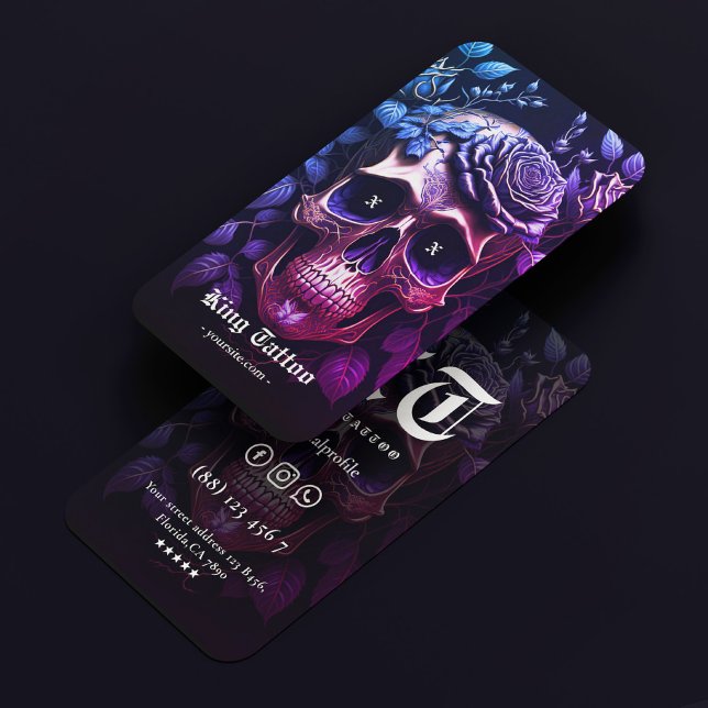 Modern Tattoo Artist Skull Goth Blue Lila Visitenkarte (Modern Tattoo Artist Skull Goth Blue Purple Business Card
)
