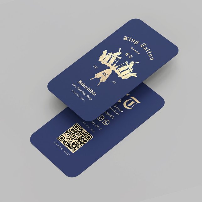 Modern Tattoo Artist Tattoo Shop Gold Blue QR Visitenkarte (Modern Tattoo Artist Tattoo Shop Gold Blue QR Business Card
)