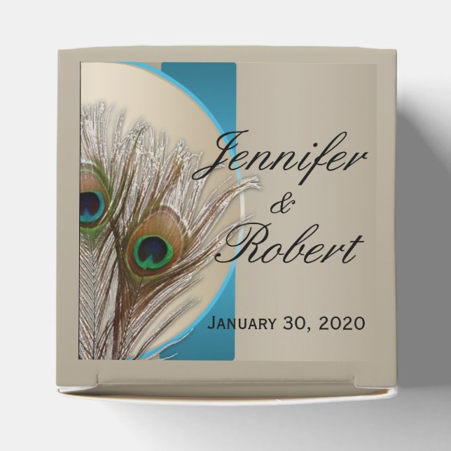 Modern Taupe Aqua Peacock Feather Gastgeschenk Hoc Geschenkschachtel (Oben)
