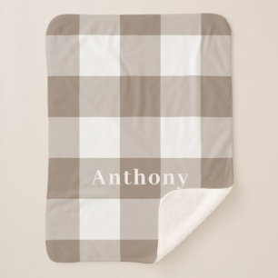 Modern Taupe Gingham Pattern Monogram Name Sherpadecke
