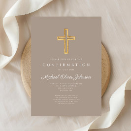 Modern Taupe Religious Cross Boy Confirmation Einladung