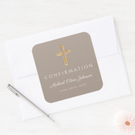 Modern Taupe Religious Cross Boy Confirmation Quadratischer Aufkleber