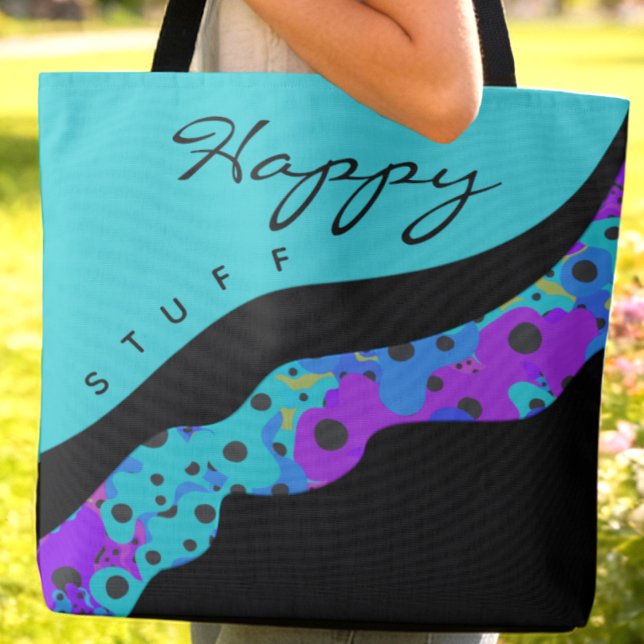 Modern Teal Black And Purple Wave Tasche (Teal, purple and blue with black dots and custom words make this bag fun to carry around anywhere)