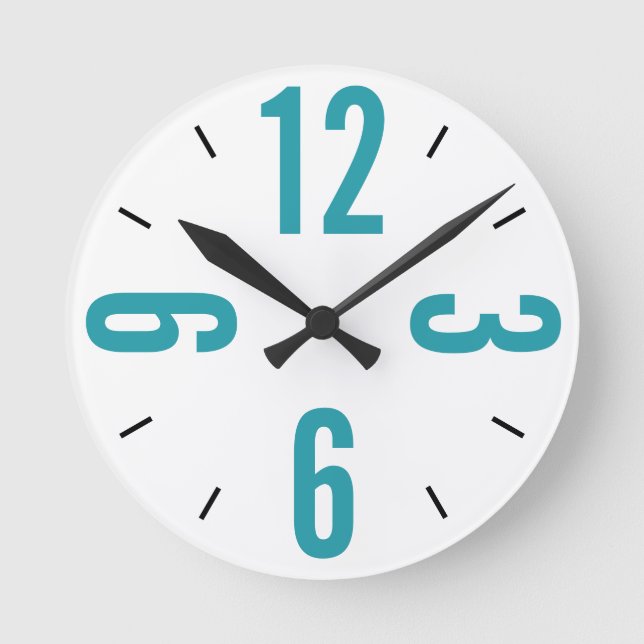 Modern teal blue and black numbers runde wanduhr (Vorderseite)