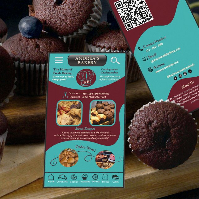 Modern Teal Burgundy Bakery Logo and QR Code   Visitenkarte (Von Creator hochgeladen)