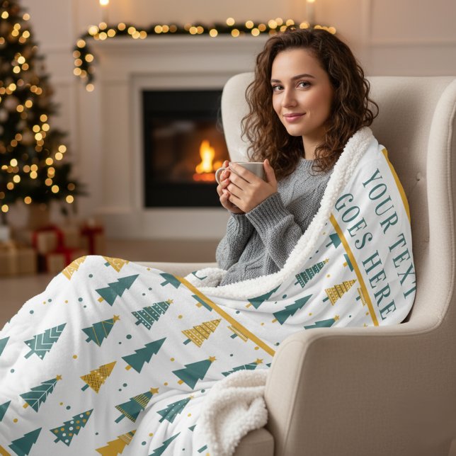 Modern Teal & Gold Christmas Tree Custom Text Sherpadecke (Von Creator hochgeladen)