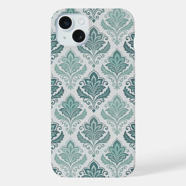 Modern Teal Nordic Damask iPhone 15 Plus Hülle (Rückseite)