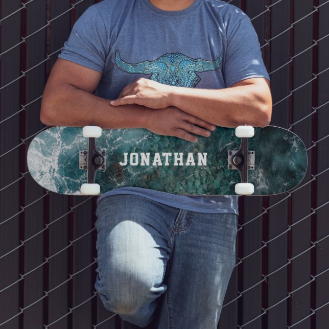 Modern Teal Ocean Waves Aerial Personalized Skateboard (Außenbereich 3)