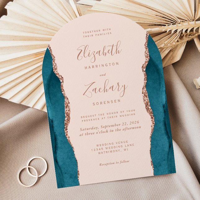 Modern Teal Rose Gold Agate Blush Arch Wedding Einladung (Von Creator hochgeladen)