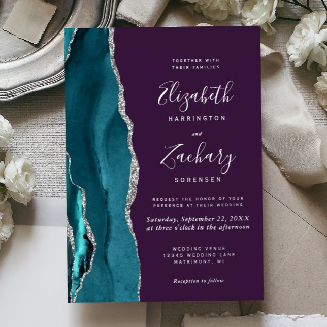 Modern Teal Silver Agate Purple Wedding Folieneinladung (Von Creator hochgeladen)