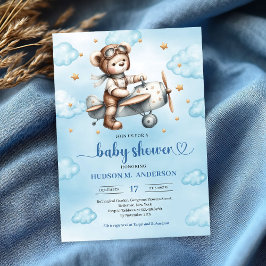 Modern Teddy Bear Pilot Blue Brown Boy Shower   Einladung