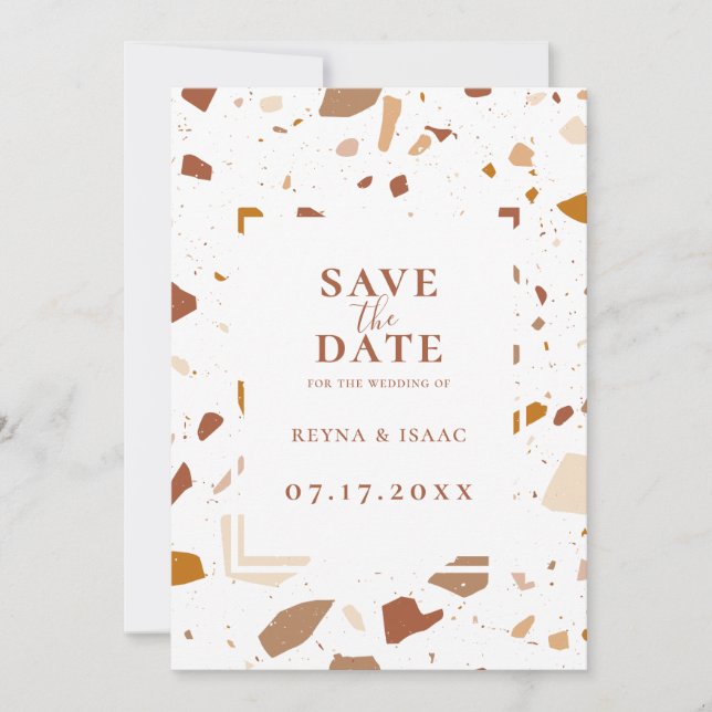 Modern Terra-cotta Terrazzo Save the Date Ankündigung (Vorderseite)