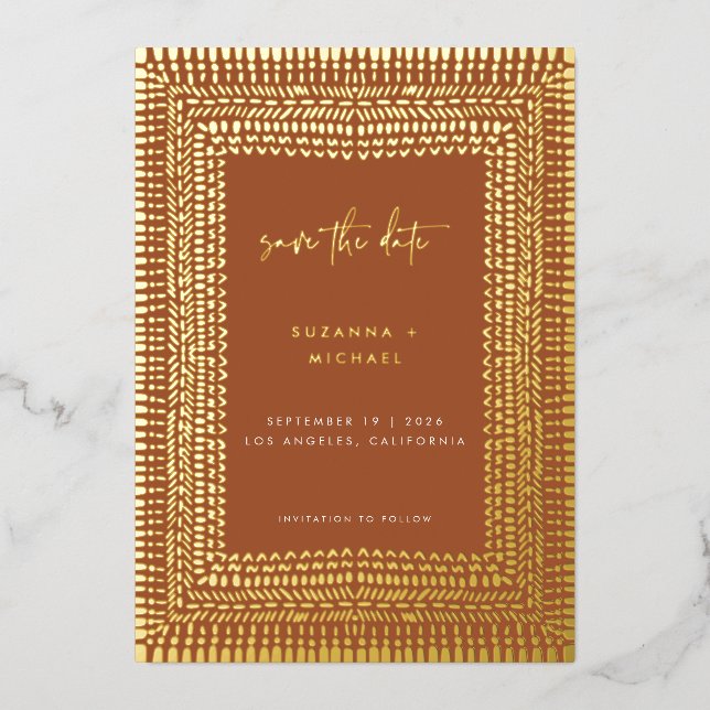 Modern Terracotta Boho Rahmen Wedding Rett Date Folieneinladung (Vorderseite)