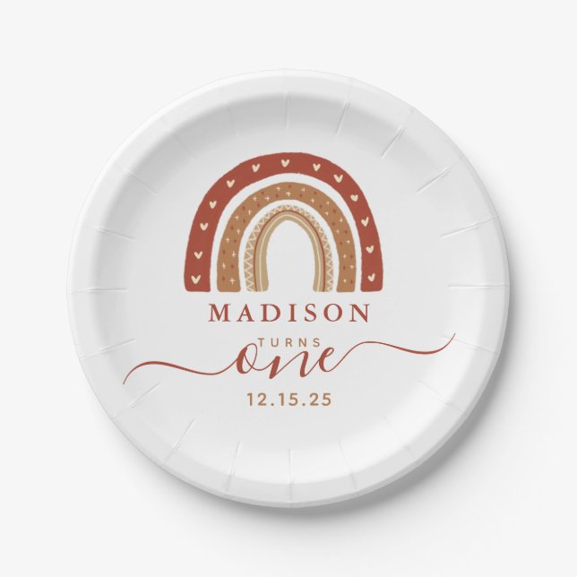 Modern Terracotta Boho Rainbow Birthday Pappteller (Vorderseite)