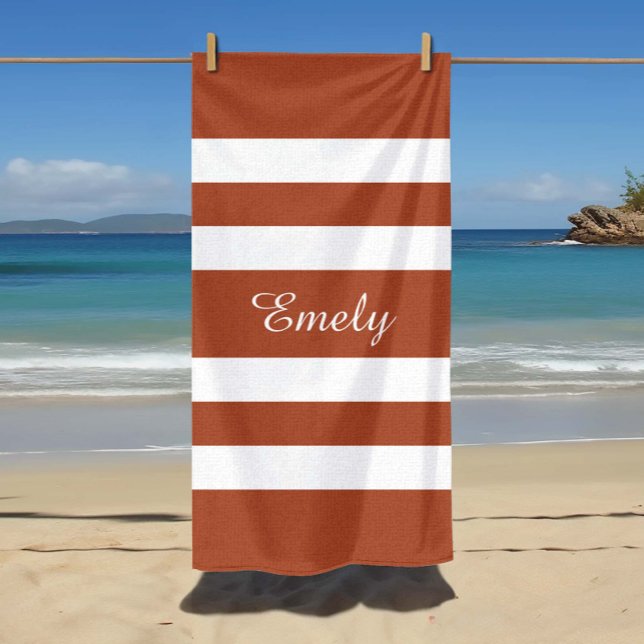 Modern Terracotta Brown Strike Name Strandtuch (Custom Name Modern Terracotta Brown Striped Beach Towel
)