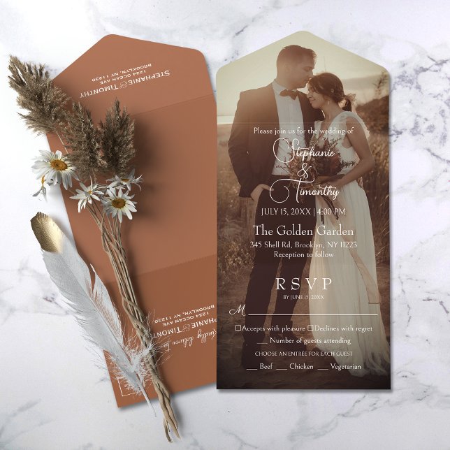 Modern Terracotta | Burnt Orange Foto Wedding All In One Einladung (Simplify your wedding with our all-in-one invitation – convenience and beauty in a single card.)